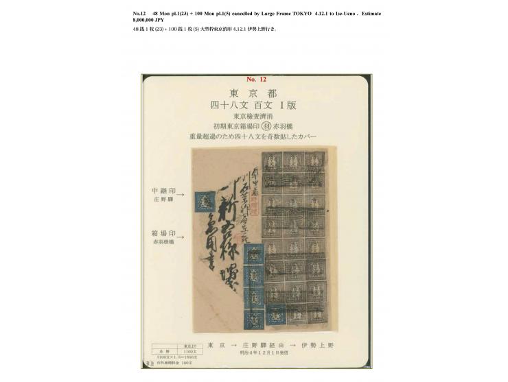1871, 48 mon brown, plate I (position 23), comprising a block of eighteen, vertical strip of four, and single, used in combin