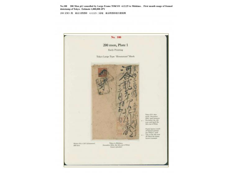 1871, 200 mon, middle period printing, plate I, position 39, stamp partly cut at right, tied by large "Tokyo Kensazumi" to a 