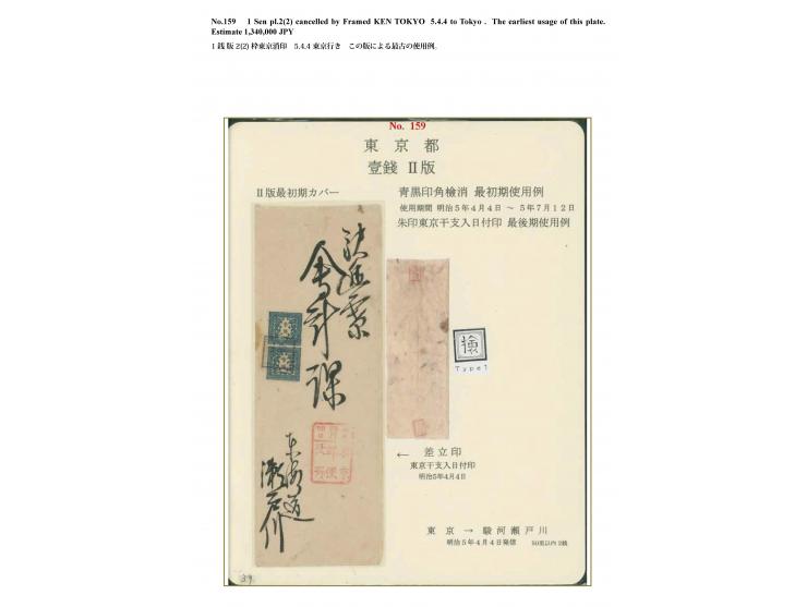 1872, 1 sen blue, plate II, a vertical pair, tied by non-standard blue framed "Ken" of Tokyo on a cover to Setogawa, Suruga P
