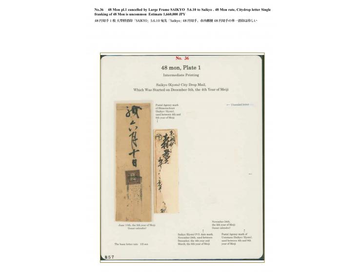 1871, 48 mon, middle period printing, plate I, position 7, tied by large "Saikyo Kensazumi" to the reverse of a cover, addres