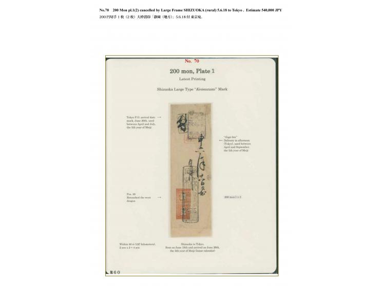 1871, 200 mon, plate I, latest printing, a vertical pair, positions 30-38, with retouch at position 30, tied by large "Shizuo