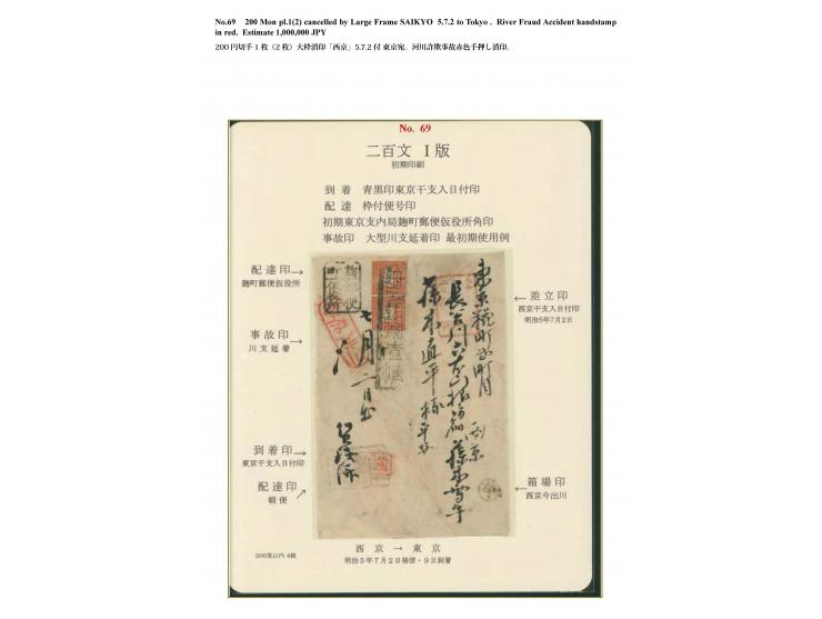 1871, 200 mon vermilion, plate I, early printing, a vertical pair, positions 25-33, the latter with positional pinhole, tied 