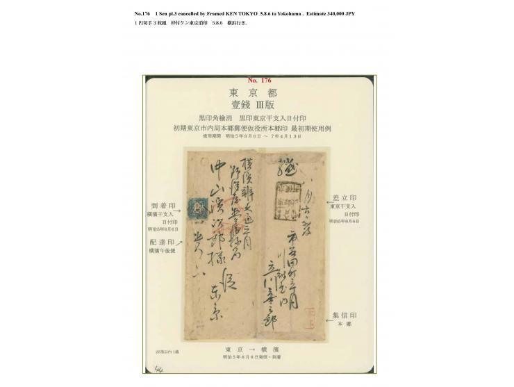 1872, 1 sen blue, plate III, single franking tied by framed "Ken" of Tokyo to a cover to Yokohama. On reverse, "year of the m