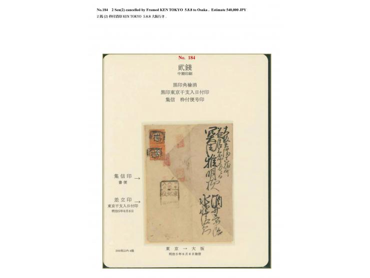 1872, 2 sen vermilion, middle period printing (2), tied by framed "Ken" of Tokyo to a cover to Osaka.Alongside, framed "year 