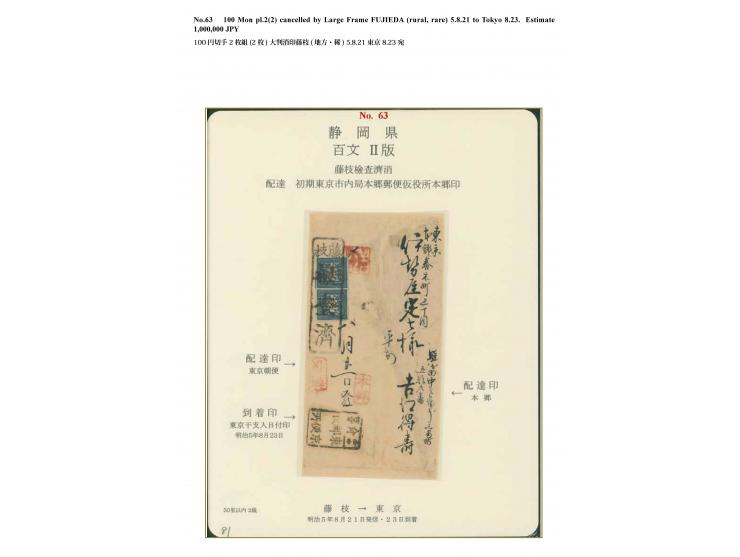 1871, 100 mon dark blue, plate II, a vertical pair, positions 32-40, tied by large "Fujieda Kensazumi" to the reverse of a co