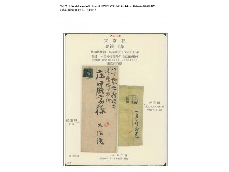 1872, 1 sen deep dull blue, plate III, rounded corner at upper left, single franking tied by framed "Ken" of Tokyo on a local