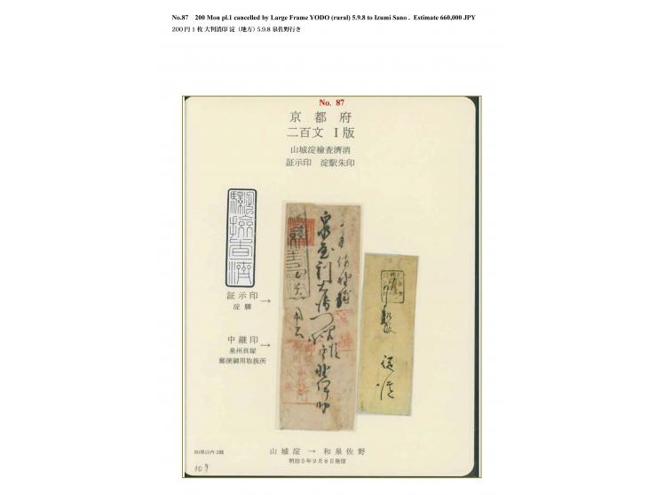 1871, 200 mon vermilion, early printing, plate I, position 3, with official pinhole at upper right, tied by large "Yodo Eki K