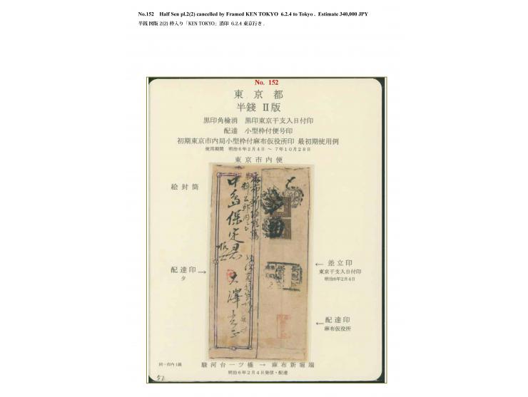 1872, 1/2 sen brown, plate II (2), tied by framed non-standard "Ken" of Tokyo to the reverse of an illustrated local mail cov