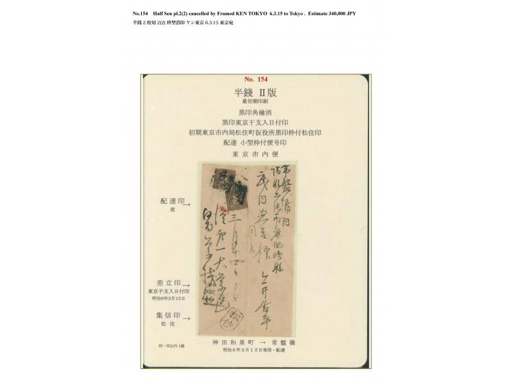 1872, 1/2 sen brown, plate II, earliest printing, a horizontal pair, tied by two strikes of framed non-standard "Ken" of Toky
