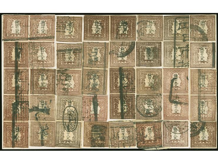 1871, 48 mon brown, plate I, early to late printing, full sheet reconstruction by used stamps, including a vertical strip of 