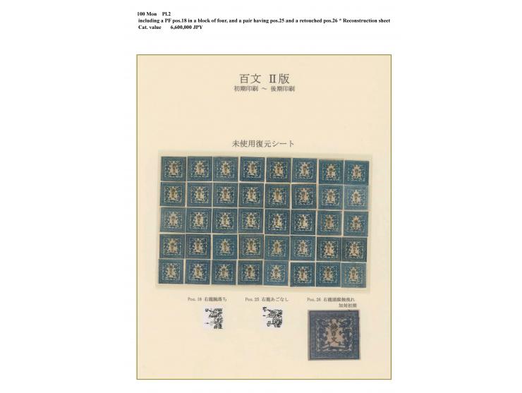 1871, 100 mon blue, plate II, early to late printing, full sheet reconstruction by unused stamps without gum as issued, inclu