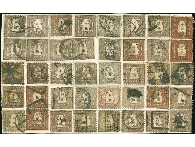 1872, 1/2 sen, plate I, in various brown shades, early to late printing, full sheet reconstruction by used stamps, including 