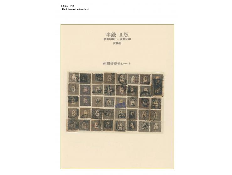 1872, 1/2 sen, plate II, dark brown, early to late printing, full sheet reconstruction by used stamps, including four pairs (