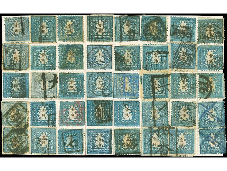 1872, 1 sen blue, plate II, early to late printing, full sheet reconstruction by used stamps, including four pairs and attrac